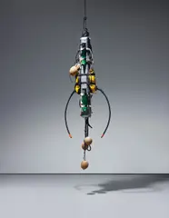 Ashley Bickerton, Cousteau Totem (Jacques and his Pudenda), 1993, wood, nylon, webbing, rope, rubber pouches, rubber tubing, coloured water, coconuts, gaffa tape