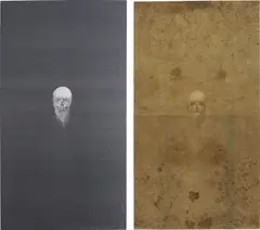 Angelo Filomeno, Bearded Carrion (diptych), 2008, left panel: embroidery on recycled burlap black olive bags laid on linen; right panel: embroidery on silk shantung with crystals laid on linen