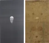 Angelo Filomeno, Bearded Carrion (diptych), 2008, left panel: embroidery on recycled burlap black olive bags laid on linen; right panel: embroidery on silk shantung with crystals laid on linen