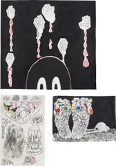 Three works: (i) Darkness Baby with Dead Hands, 2007; (ii) FEEEET, 2007; (iii) Various Ossi-Units and Good Vegan Detritus #2 by Trenton Doyle Hancock, 2007, acrylic, ink, pencil, collaged paper and canvas on paper, sold Dec 2014