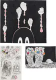 Trenton Doyle Hancock, Three works: (i) Darkness Baby with Dead Hands, 2007; (ii) FEEEET, 2007; (iii) Various Ossi-Units and Good Vegan Detritus #2, 2007, acrylic, ink, pencil, collaged paper and canvas on paper