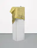 Paul Lee, Untitled (Podium with Yellow Sack), circa 2005, plywood plinth, towel, glass, light bulb