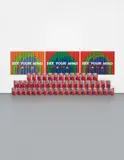 G. Levine, See Your Mind, 1995, acrylic, silkscreen on three canvases, fifty printed card boxes