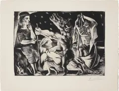 Pablo Picasso, Minotaure aveugle guidé par Marie-Thérèse au pigeon dans une nuit étoilée (Blind Minotaur Guided Through a Starry Night by Marie-Thérèse with a Pigeon), plate 97, from La suite Vollard, 1934, Aquatint, scraper, drypoint and engraving, on Montval paper watermark Vollard , with full margins (deckle on three sides), the fourth (final) state,