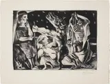 Pablo Picasso, Minotaure aveugle guidé par Marie-Thérèse au pigeon dans une nuit étoilée (Blind Minotaur Guided Through a Starry Night by Marie-Thérèse with a Pigeon), plate 97, from La suite Vollard, 1934, Aquatint, scraper, drypoint and engraving, on Montval paper watermark Vollard , with full margins (deckle on three sides), the fourth (final) state,