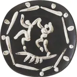 Deux danseurs (Two Dancers) by Pablo Picasso, 1956, White earthenware round dish painted in ivory and black with partial brushed glaze,, sold Jun 2014