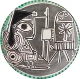 Jacqueline au Chevalet (Jacqueline at Easel) by Pablo Picasso, 1956, White earthenware round plate painted in colours with brushed glaze,, sold Jun 2014