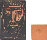 Visage d’homme (Man's Face); and Cercle au visage (Face in Circle), from Carreaux aux motifs by Pablo Picasso, 1966; and 1971, Two red earthenware plaques one with painting in black and both unglazed,, sold Jun 2014