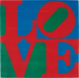 Classic Love by Robert Indiana, 1995, Hand-tufted and hand-carved, skein dyed New Zealand wool, on stretched blue canvas with natural Latex backing,, sold Jun 2014