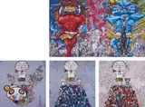 Red Demon and Blue Demon with 48 Arhats; I Met a Panda Family; Kaikai Kiki & Me: On the Blue Mound of the Dead; and DOB & Me: On the Red Mound of the Dead by Takashi Murakami, 2013, Four offset lithographs in colours, on smooth wove paper, the full sheets,, sold Jun 2014
