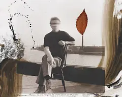 Peter Beard, Francis Bacon on his roof at 80 Narrow Street, London, 1972, Gelatin silver print with ink, paint and affixed leaf, printed later