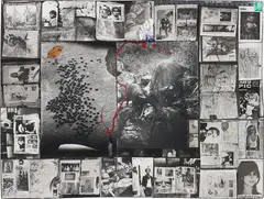 Buffalo Herd/ Buffalo Control Diptych by Peter Beard, 1960-1962, Gelatin silver print with ink, paint and affixed gelatin silver prints, fountain pen nib, leaf, dried insect and stamp, , sold May 2014