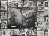 Peter Beard, Buffalo Herd/ Buffalo Control Diptych, 1960-1962, Gelatin silver print with ink, paint and affixed gelatin silver prints, fountain pen nib, leaf, dried insect and stamp, printed later