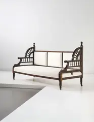Settee by Edward William Godwin, circa 1872-1875, Stained oak, fabric, brass, sold Apr 2014