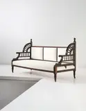 Edward William Godwin, Settee, circa 1872-1875, Stained oak, fabric, brass