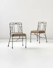 Diego Giacometti, Pair of side chairs, circa 1978, Patinated bronze, painted wrought iron, fabric