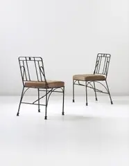 Diego Giacometti, Pair of side chairs, circa 1978, Patinated bronze, painted wrought iron, fabric