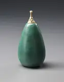 Henri Simmen and Eugenie O'Kin, Pear-shaped bottle with carved stopper, circa 1920, Stoneware, glaze, precious metal, ivory