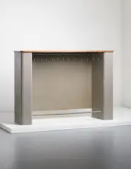 Coat rack, designed for Cité Technique, Cachan by Jean Prouvé, 1955, Painted bent sheet steel, painted tubular aluminium, oak, painted particle board. Together with 12 metal coat hangers, offered Apr 2014