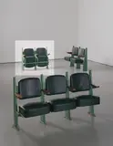 Jean Prouvé, Row of two lecture theatre chairs with adjustable seats, designed for the Faculté de Lettres, Université de Besançon, 1952-1956, Painted bent steel, painted tubular steel, oak, vinyl