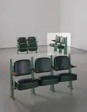Jean Prouvé, Row of two lecture theatre chairs with adjustable seats, designed for the Faculté de Lettres, Université de Besançon, 1952-1956, Painted bent steel, painted tubular steel, oak, vinyl