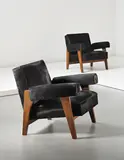 Pair of armchairs, model no. LC/PJ-SI-42-A/B, designed for the High Court and Assembly, Chandigarh by Le Corbusier and Pierre Jeanneret, circa 1955-1956, Teak, hide, sold Apr 2014