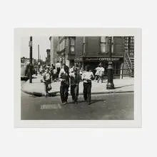 Home from School, Ralph Avenue, Kingsboro Tenants, Ocean Hill, Brooklyn, NY by Joe Schwartz, c. 1945, gelatin silver print, sold Dec 2024