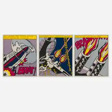 As I Opened Fire (triptych) by Roy Lichtenstein, 1966, offset lithograph in colors on wove paper, sold Oct 2025