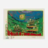 Friedensreich Hundertwasser, Les maisons pendent en-dessous des prairies (from the Regentag portfolio), 1972, screenprint in colors with metallic embossing