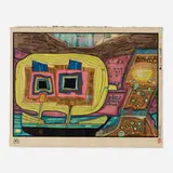 Friedensreich Hundertwasser, Two Trees on Board of Regentag (from the Midori No Namida portfolio), woodcut in colors