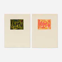Joan Miró, Two works from the Yves Bonnefoy: Anti-Platon portfolio, 1962, etching and aquatint in colors on BFK Rives