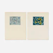 Joan Miró, Two works from the Yves Bonnefoy: Anti-Platon portfolio, 1962, etching and aquatint in colors on BFK Rives