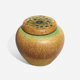 Ombroso lidded jar with stylized flowers by William E. Hentschel for Rookwood Pottery, sold Nov 2023