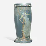 Decorated Matt umbrella stand with peacocks and trees by Frederick Hurten Rhead for Roseville Pottery, sold Nov 2023