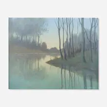 Carl Schmidt for Rookwood Pottery, Landscape with River and Forest (Scenic Vellum plaque), c. 1915, glazed earthenware, original frame