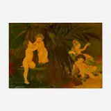 Putti at Play (Standard Glaze plaque) by Robert Bruce Horsfall for Rookwood Pottery, c. 1900, glazed earthenware, sold Nov 2023