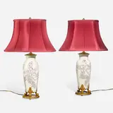 Wax Mat lamps with leaf and fruit under Butterfat glaze, pair by Elizabeth Barrett for Rookwood Pottery, sold Nov 2023