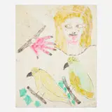 Girl Pretty; Black Sparrow (double-sided) by Lee Godie, watercolor and ballpoint pen on poster board, sold Jun 2024