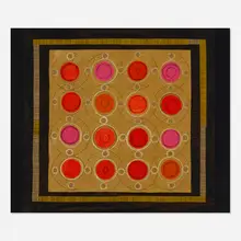 Manhole Cover Series #3 by Margo Hoff, mixed media collage, crayon, pencil and acrylic on wood, sold Jun 2024