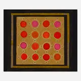 Margo Hoff, Manhole Cover Series #3, mixed media collage, crayon, pencil and acrylic on wood