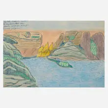 Joseph Yoakum, Mt Monte Sarmiento land point. of Argentina & Chile Where Atlantic and Pacific Oceans Join, ballpoint pen, pastel and colored pencil on paper