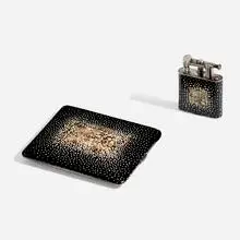 Alfred Dunhill, Unique lighter and cigarette case, 1924, lacquer with eggshell on parcel-gilt sterling silver, leather
