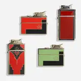 Evans Case Company, Press Easy cigarette cases with lighters, set of four, c. 1932, enamel on metal