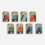 Treibacher Chemische, Collection of eight cigarette lighters, c. 1934, enamel on chrome-plated metal