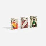 W.G. Clark & Co., Collection of three cigarette lighters, c. 1928, enamel on metal, silver