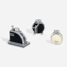 Ronson, Collection of three table lighters, c. 1934, enamel on chrome-plated metal, mirrored glass