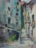 Mestre Eduardo Rosa Mendes, Narrow Streets of Old Lisbon, Oil on board