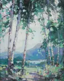 James King Bonnar, Birch Trees on Mountain Lake, Oil on board
