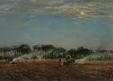 Burning Brush in Moonlight by Continental School, Oil on canvas, sold Nov 2012