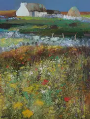 Kenneth Webb, Field of Flowers with Distant Thatched Cottage, Oil on canvas